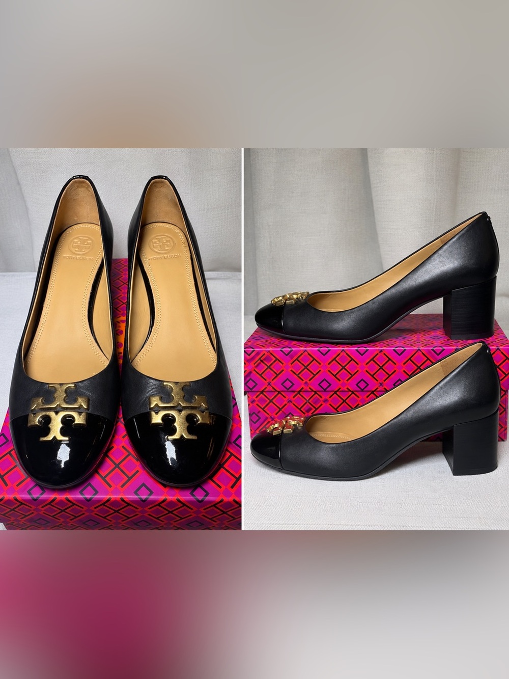 Tory Burch Pacey Cap Toe Pumps 7 Black Leather Patent Gold Logo Heels NIB